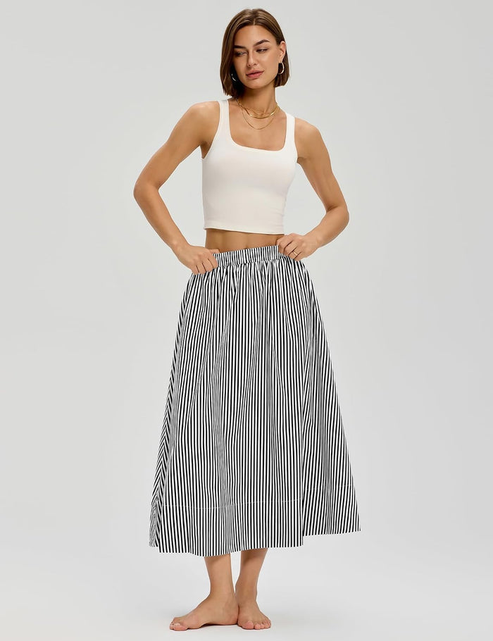 LOMON Midi Skirts for Women with Pockets A-Line Cotton Flowy Elastic Waist