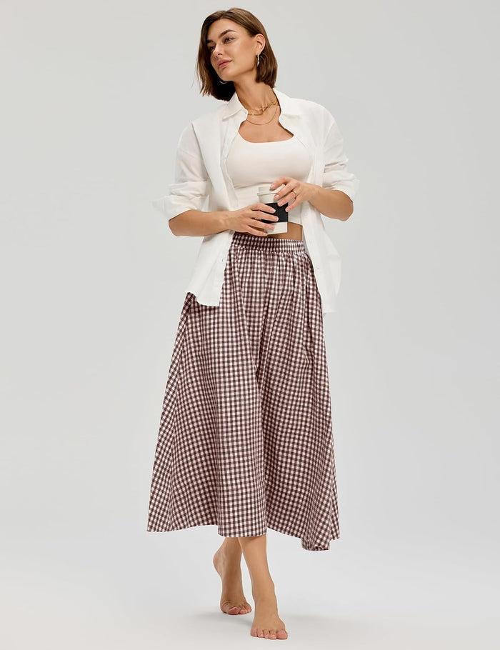LOMON Midi Skirts for Women with Pockets A-Line Cotton Flowy Elastic Waist