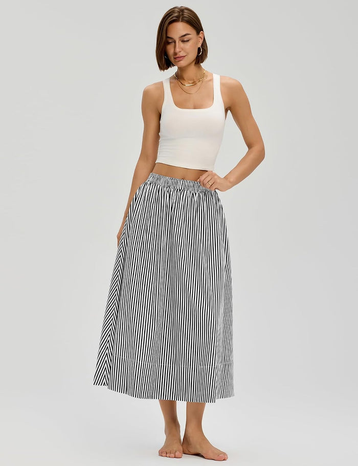 LOMON Midi Skirts for Women with Pockets A-Line Cotton Flowy Elastic Waist