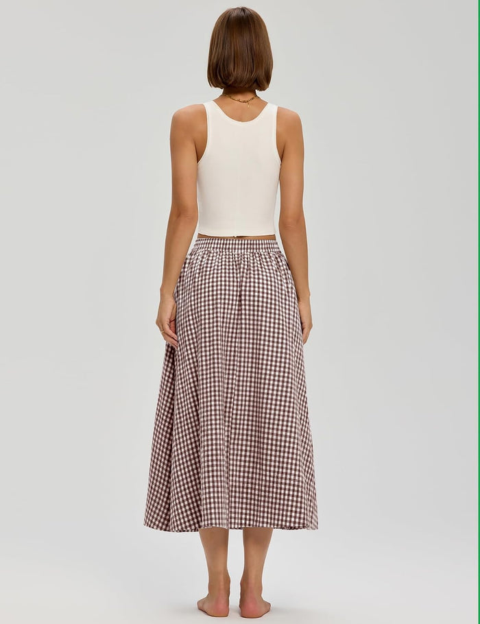 LOMON Midi Skirts for Women with Pockets A-Line Cotton Flowy Elastic Waist