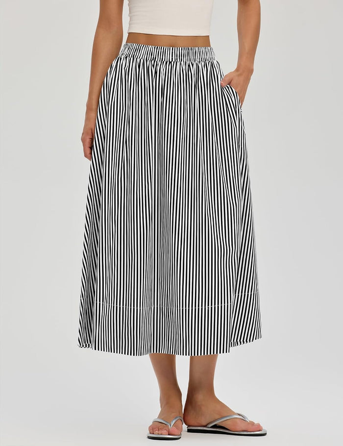 LOMON Midi Skirts for Women with Pockets A-Line Cotton Flowy Elastic Waist