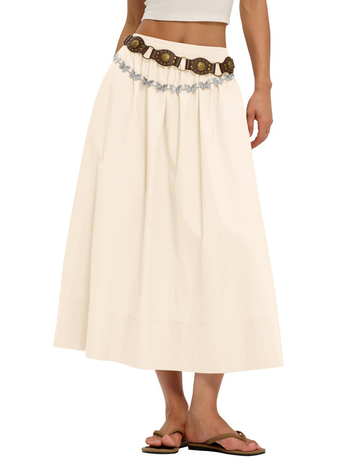 LOMON Midi Skirts for Women with Pockets A-Line Cotton Flowy Elastic Waist