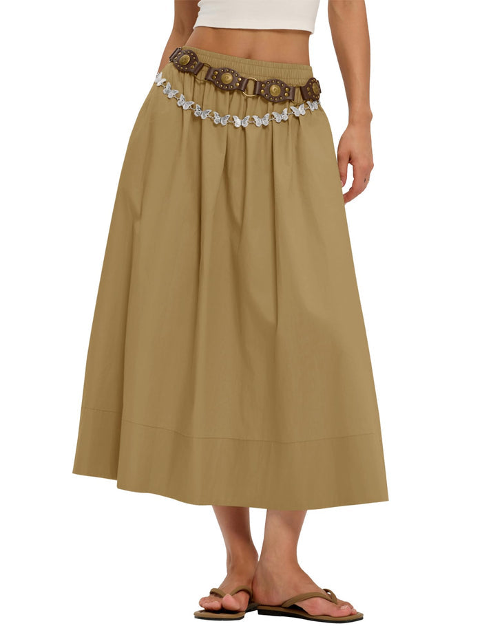 LOMON Midi Skirts for Women with Pockets A-Line Cotton Flowy Elastic Waist