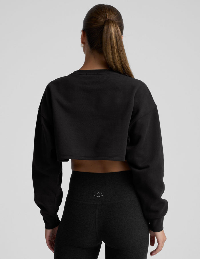 model wearing a black boxy fit cropped sweatshirt against a plain background.