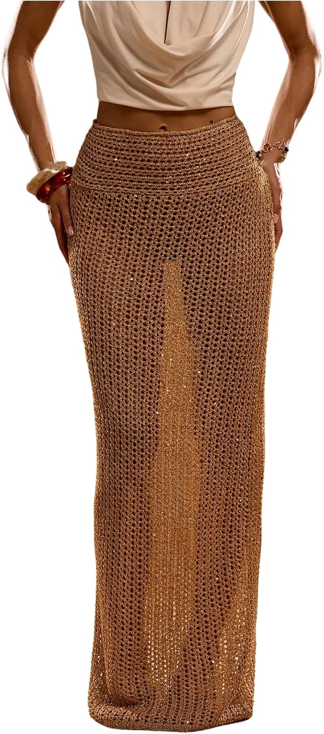 MakeMeChic Women's Crochet Sequin Skirt Swimsuit Coverup