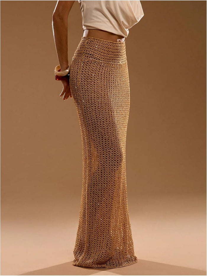 MakeMeChic Women's Crochet Sequin Skirt Swimsuit Coverup