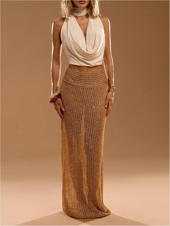 MakeMeChic Women's Crochet Sequin Skirt Swimsuit Coverup