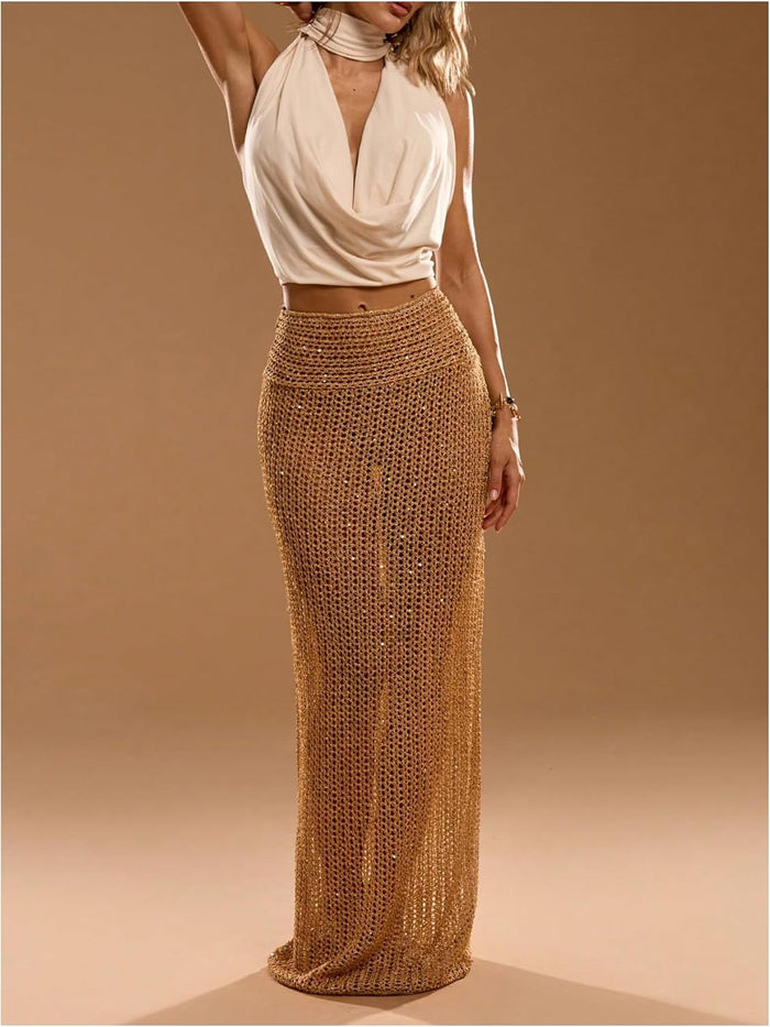 MakeMeChic Women's Crochet Sequin Skirt Swimsuit Coverup