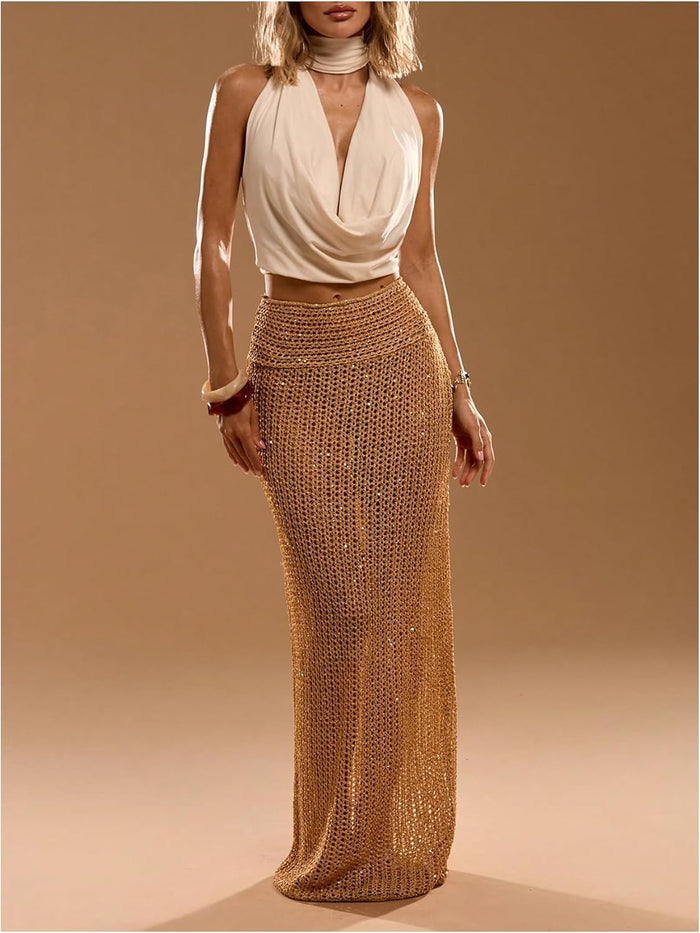 MakeMeChic Women's Crochet Sequin Skirt Swimsuit Coverup