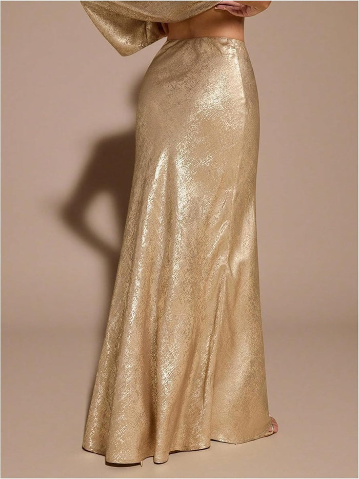 MakeMeChic Women's Metallic Flowy Maxi Skirt Fishtail Party Cocktail Skirts
