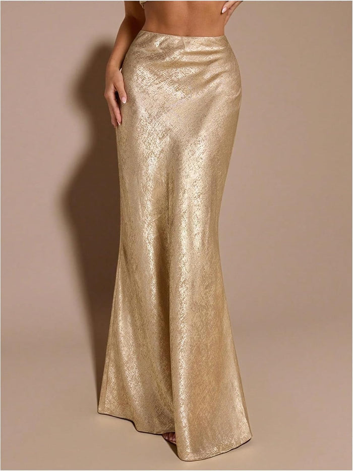 MakeMeChic Women's Metallic Flowy Maxi Skirt Fishtail Party Cocktail Skirts