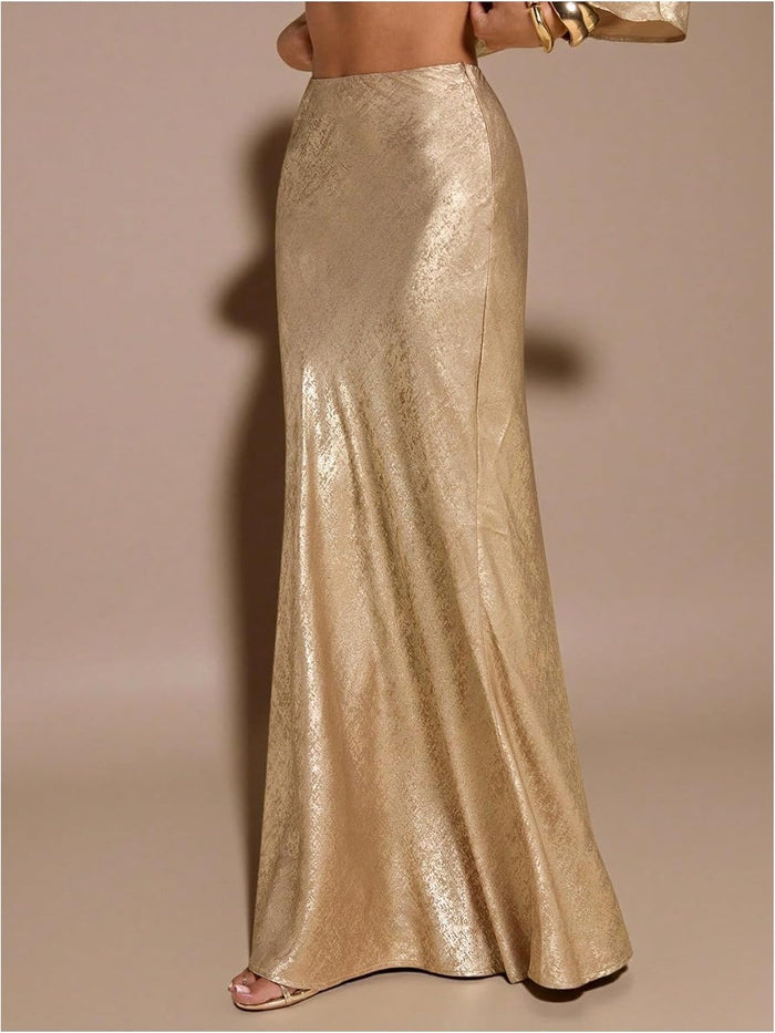 MakeMeChic Women's Metallic Flowy Maxi Skirt Fishtail Party Cocktail Skirts
