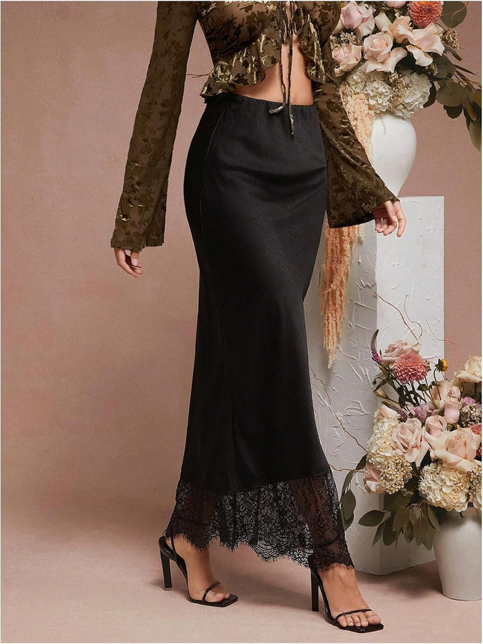 MakeMeChic Women's Satin Lace Maxi Skirt Silk High Waist Fishtail Long Skirts