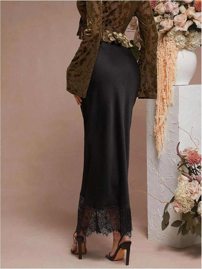 MakeMeChic Women's Satin Lace Maxi Skirt Silk High Waist Fishtail Long Skirts