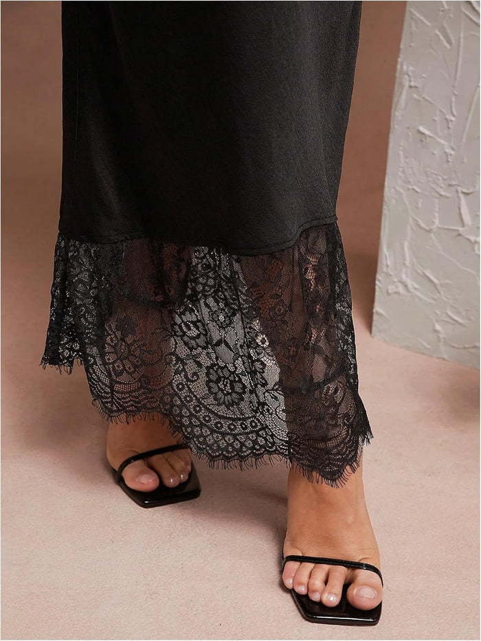 MakeMeChic Women's Satin Lace Maxi Skirt Silk High Waist Fishtail Long Skirts