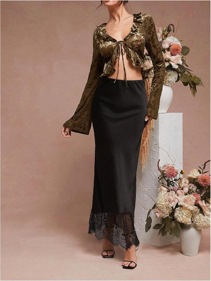 MakeMeChic Women's Satin Lace Maxi Skirt Silk High Waist Fishtail Long Skirts
