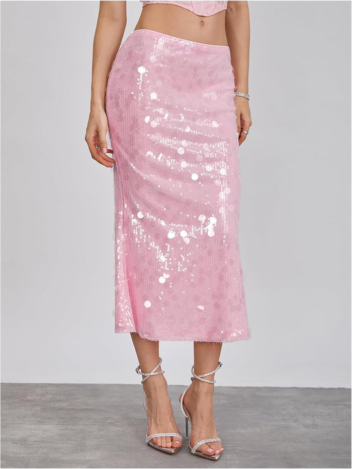 MakeMeChic Women's Sequin Sparkly Low Rise Fishtail Midi Skirt