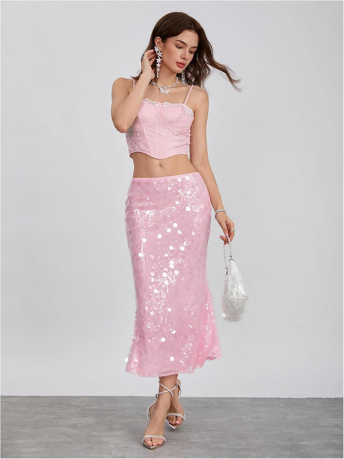 MakeMeChic Women's Sequin Sparkly Low Rise Fishtail Midi Skirt