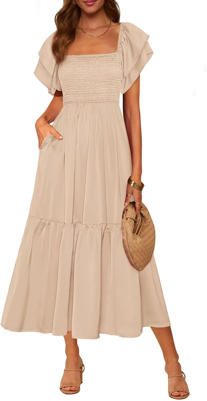 MASCOMODA Womens Summer Casual Smocked Flowy Midi Dress