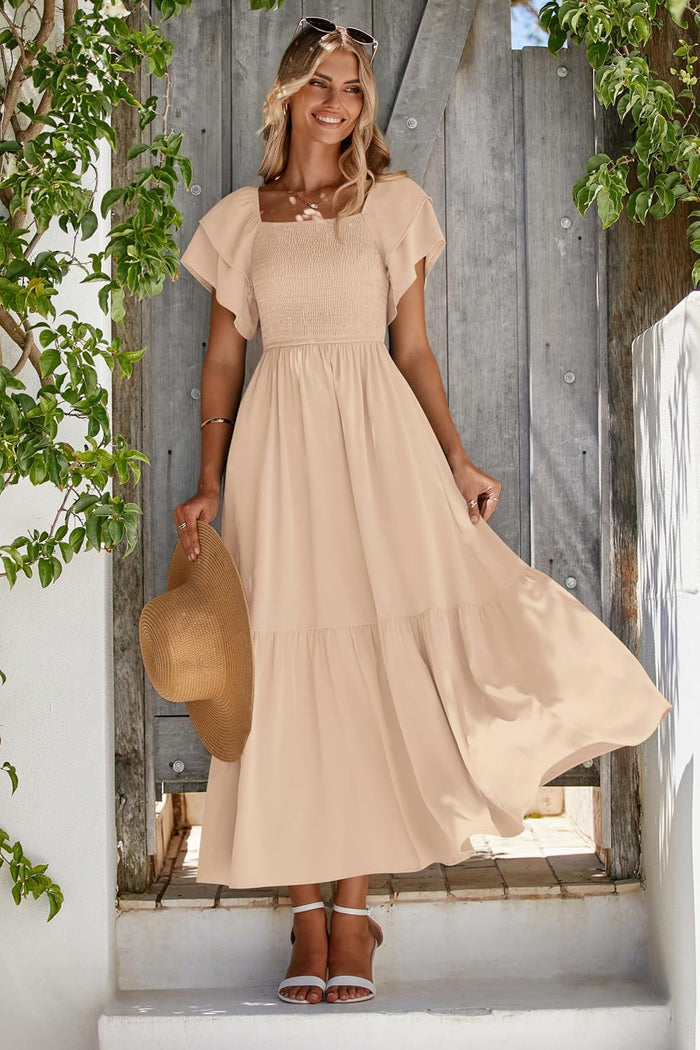 MASCOMODA Womens Summer Casual Smocked Flowy Midi Dress
