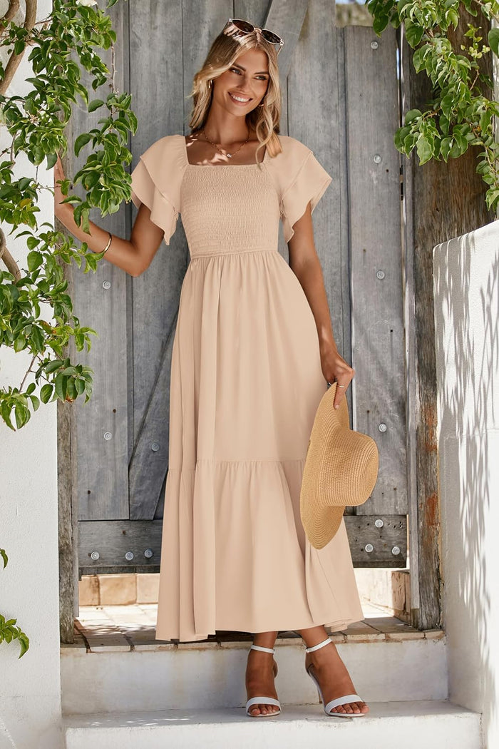 MASCOMODA Womens Summer Casual Smocked Flowy Midi Dress