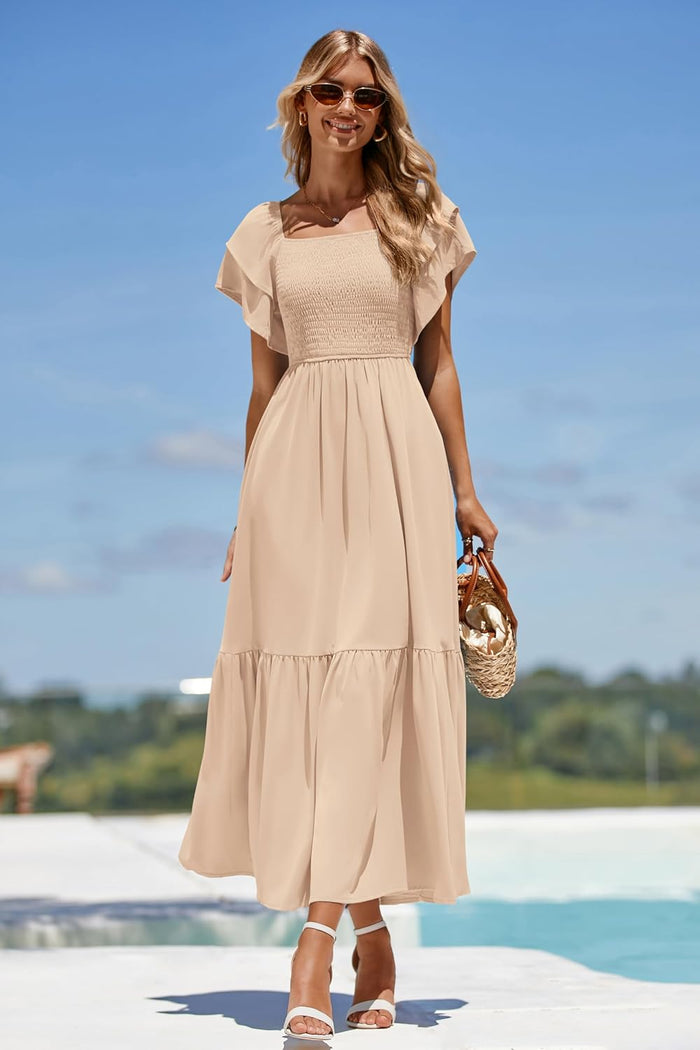 MASCOMODA Womens Summer Casual Smocked Flowy Midi Dress