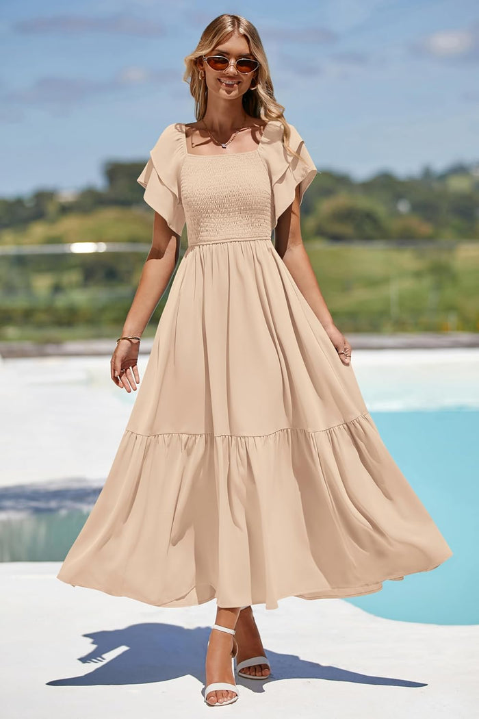 MASCOMODA Womens Summer Casual Smocked Flowy Midi Dress
