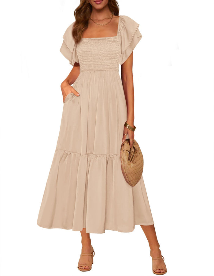 MASCOMODA Womens Summer Casual Smocked Flowy Midi Dress
