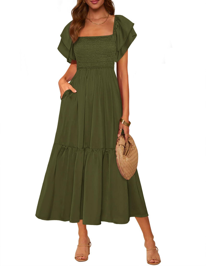 MASCOMODA Womens Summer Casual Smocked Flowy Midi Dress