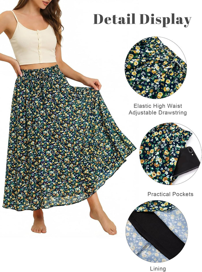 Maxi Skirt for Women Floral Boho A-line Long Summer Skirts