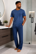Men’s Premium Cotton Lounge Pajama Set – Soft Short Sleeve T-Shirt & Plaid Pants (2-Piece)