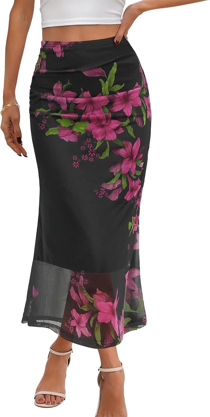 MEROKEETY Floral Mesh Midi Skirts for Women Summer Dressy Casual Boho Skirt