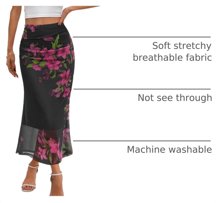 MEROKEETY Floral Mesh Midi Skirts for Women Summer Dressy Casual Boho Skirt