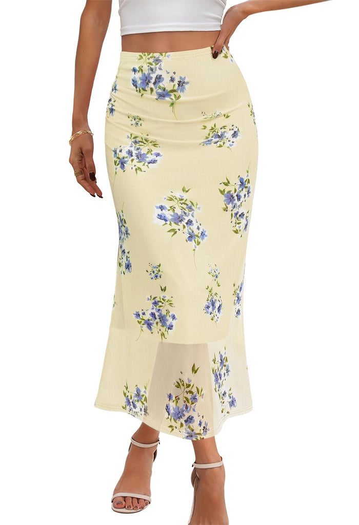 MEROKEETY Floral Mesh Midi Skirts for Women Summer Dressy Casual Boho Skirt