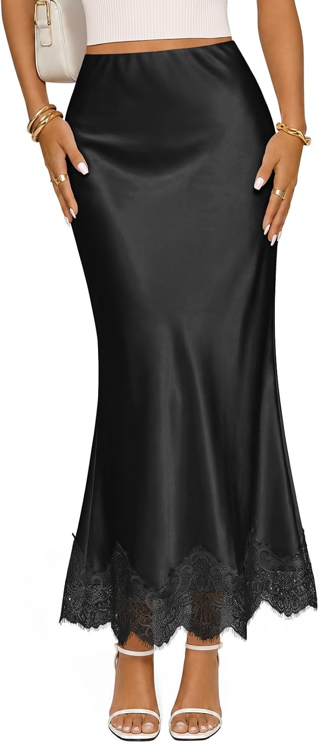 MEROKEETY Women's 2026 Fashion Satin Lace Trim Business Casual Maxi Skirts