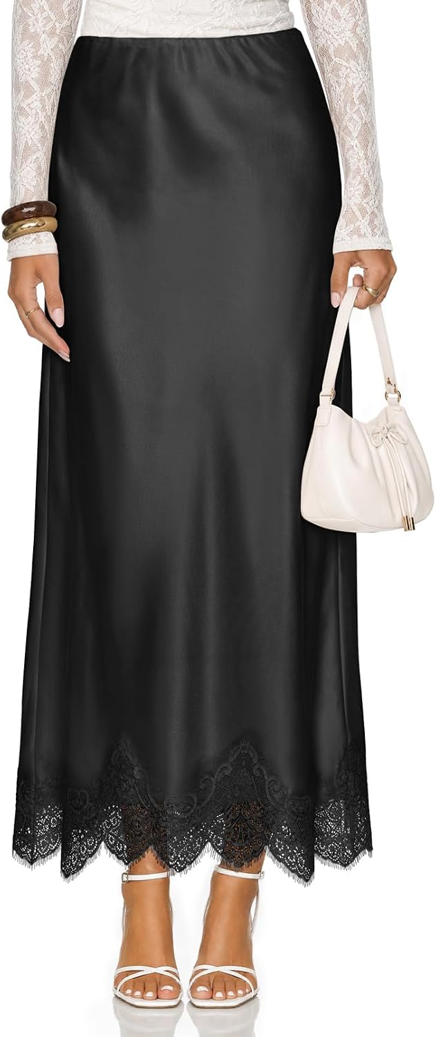 MEROKEETY Women's 2026 Fashion Satin Lace Trim Business Casual Maxi Skirts