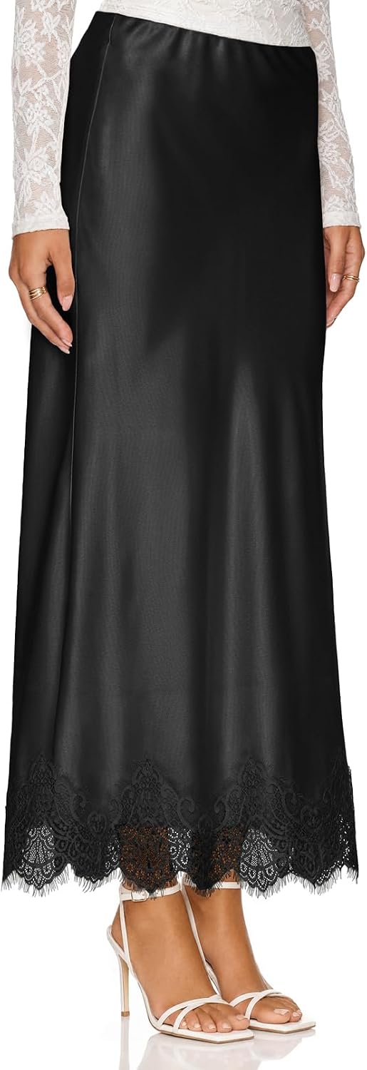 MEROKEETY Women's 2026 Fashion Satin Lace Trim Business Casual Maxi Skirts