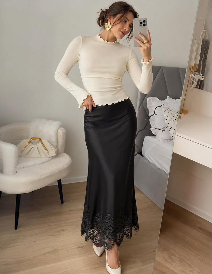 MEROKEETY Women's 2026 Fashion Satin Lace Trim Business Casual Maxi Skirts