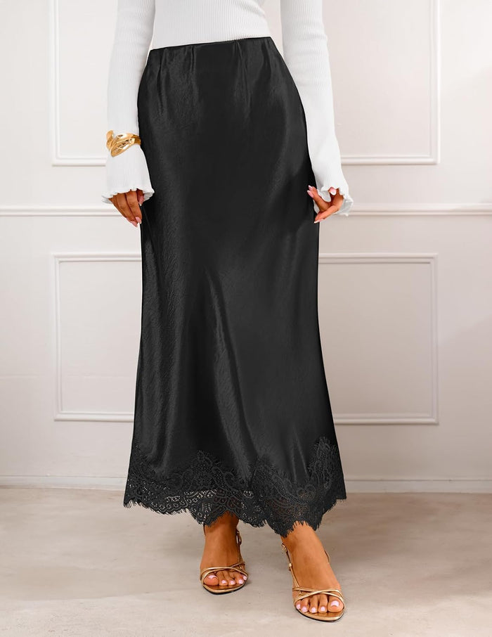 MEROKEETY Women's 2026 Fashion Satin Lace Trim Business Casual Maxi Skirts