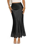 MEROKEETY Women's 2026 Fashion Satin Lace Trim Business Casual Maxi Skirts