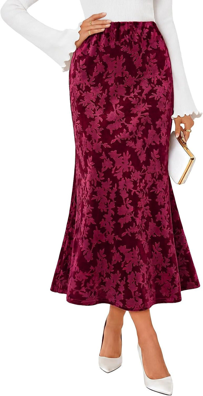 MEROKEETY Women's Fall Floral Velvet Maxi Skirt