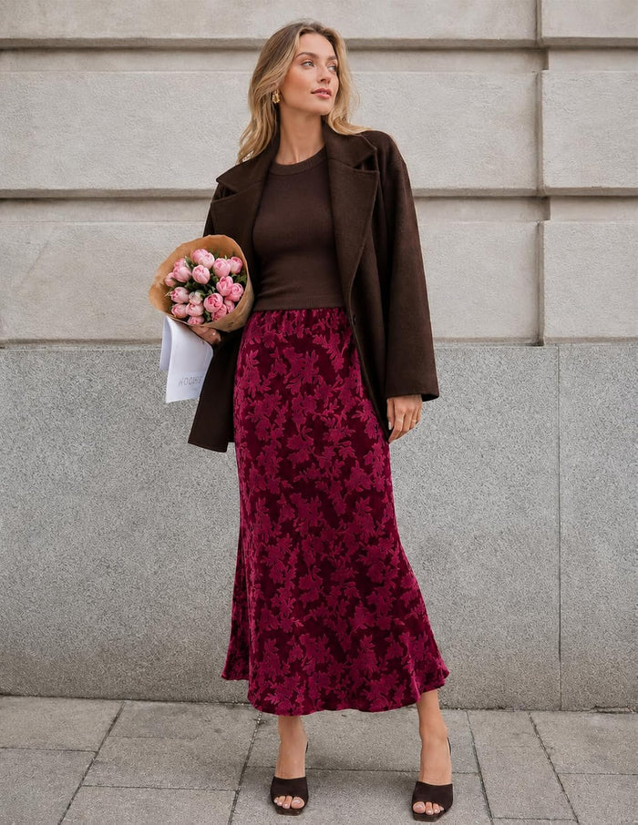 MEROKEETY Women's Fall Floral Velvet Maxi Skirt