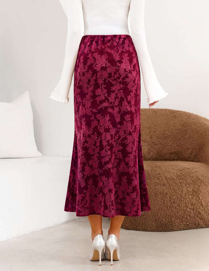 MEROKEETY Women's Fall Floral Velvet Maxi Skirt