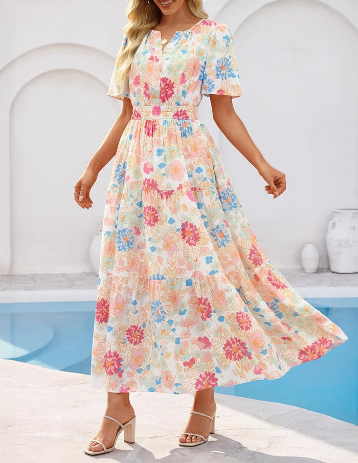 MEROKEETY Women's Summer Casual Floral Boho Short Sleeve Midi Maxi Dresses