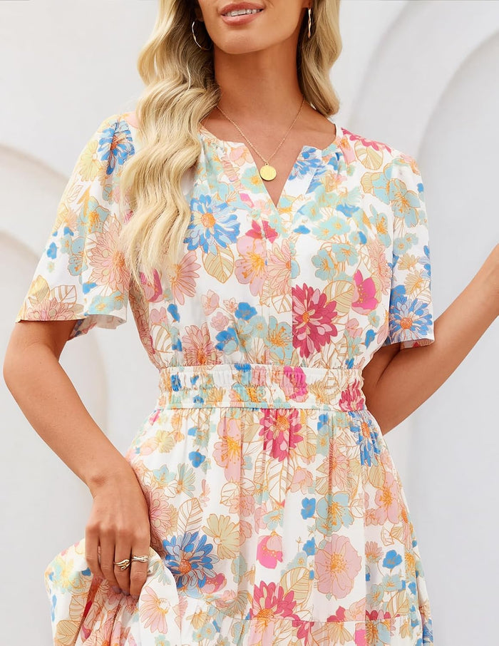 MEROKEETY Women's Summer Casual Floral Boho Short Sleeve Midi Maxi Dresses