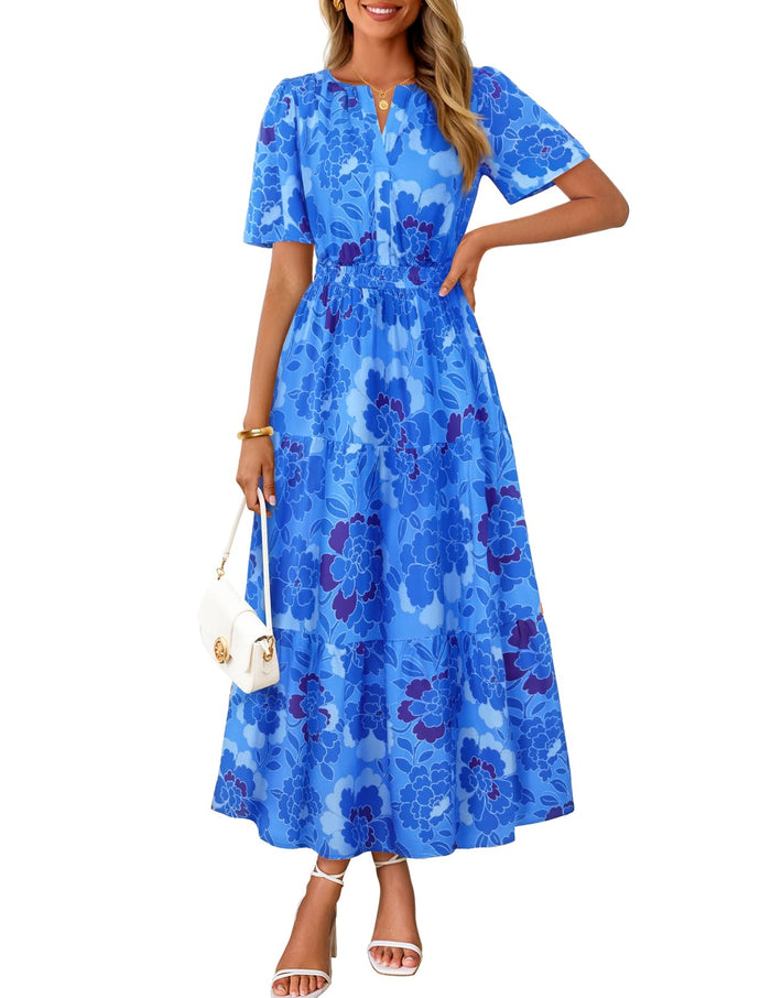 MEROKEETY Women's Summer Casual Floral Boho Short Sleeve Midi Maxi Dresses