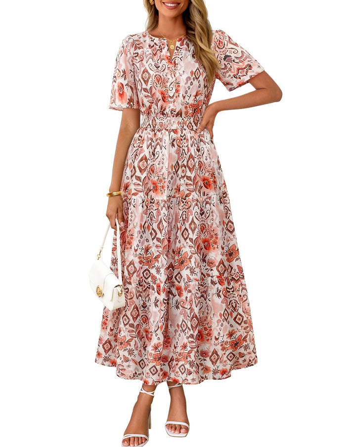 MEROKEETY Women's Summer Casual Floral Boho Short Sleeve Midi Maxi Dresses