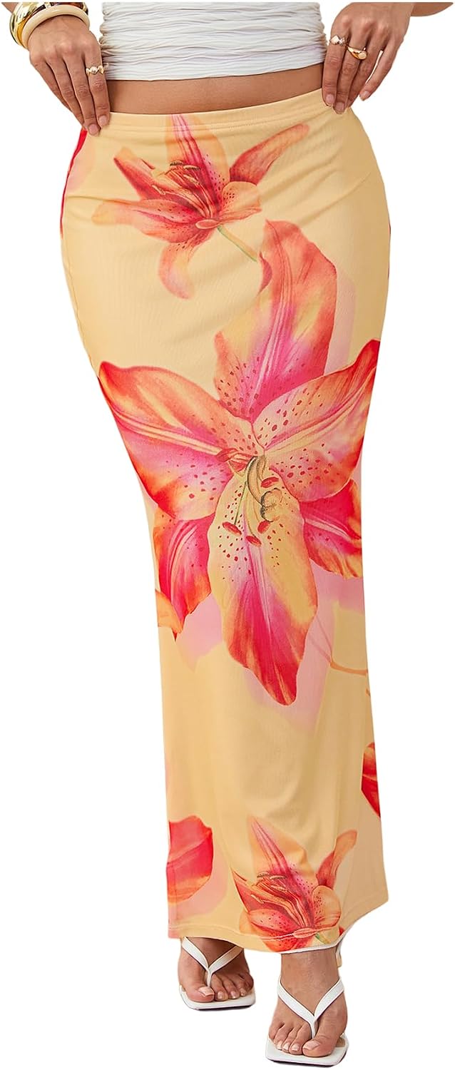 Milumia Women's Boho Floral Bodycon Long Skirt Low Waist Vacation Fishtail Maxi Skirts