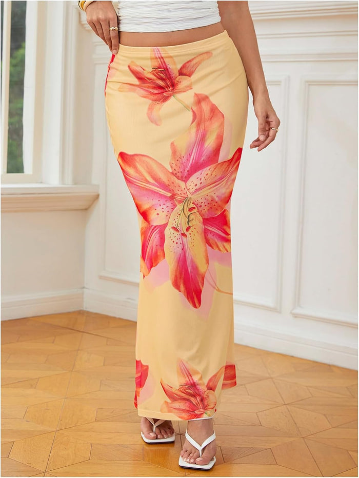 Milumia Women's Boho Floral Bodycon Long Skirt Low Waist Vacation Fishtail Maxi Skirts