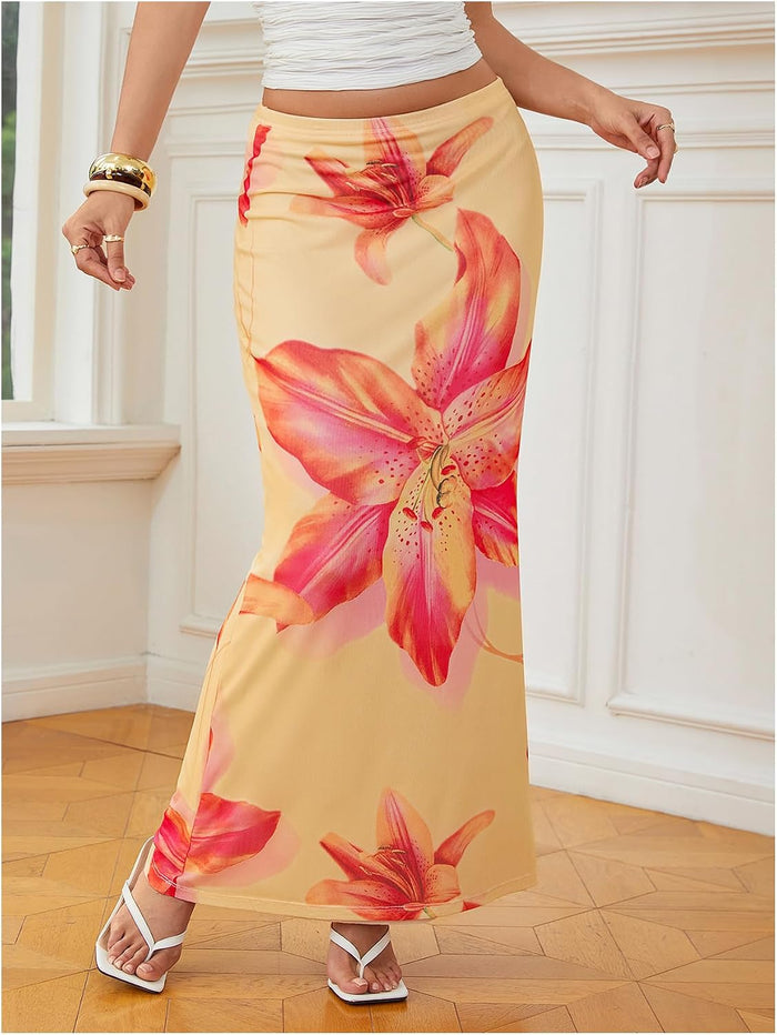 Milumia Women's Boho Floral Bodycon Long Skirt Low Waist Vacation Fishtail Maxi Skirts
